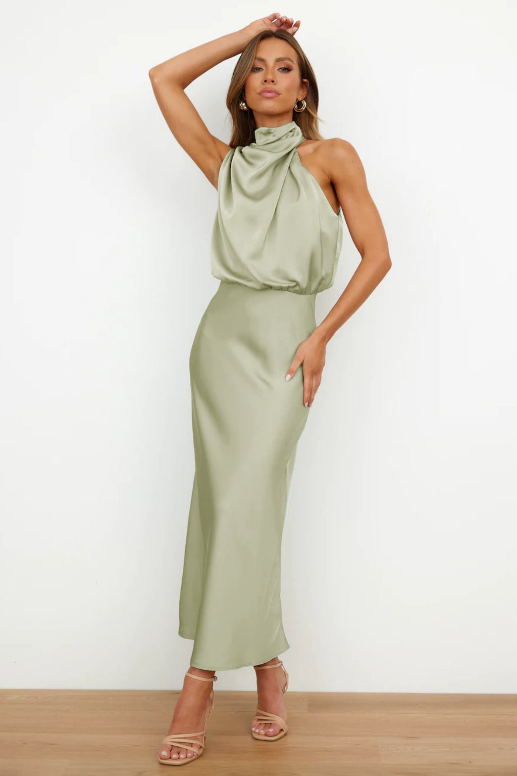 Damen - Midikleid - Satin - Neckholder Rückenfrei - Elegantes Kleid für besondere Anlässe
