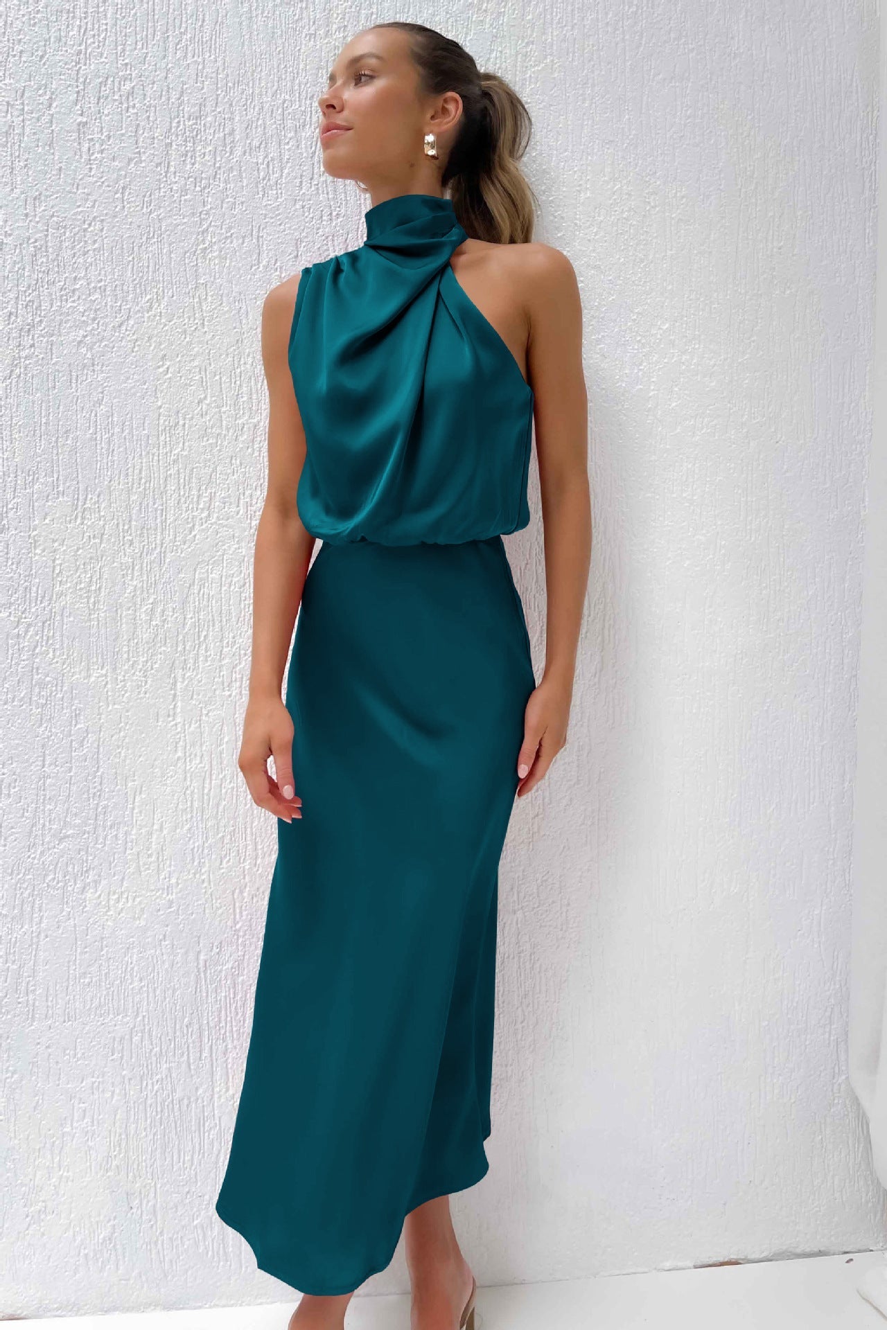 Damen - Midikleid - Satin - Neckholder Rückenfrei - Elegantes Kleid für besondere Anlässe