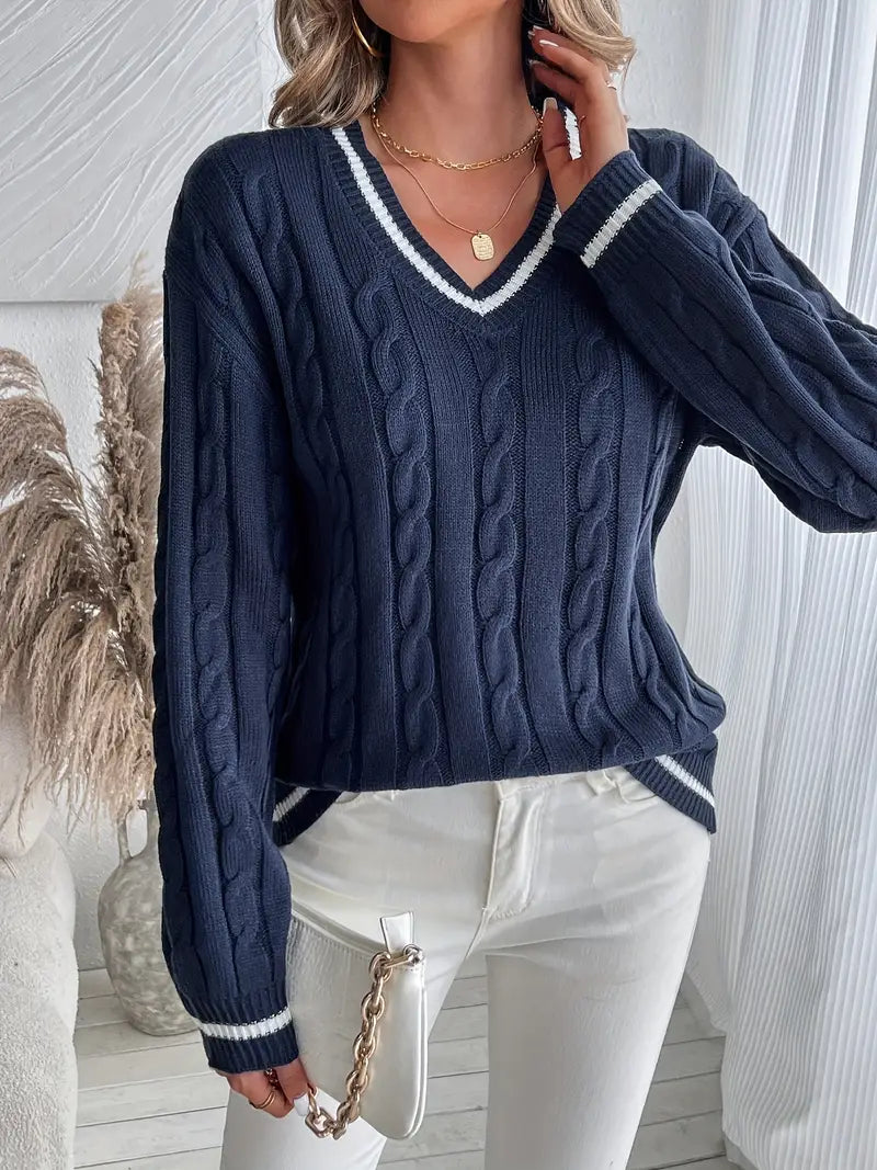 Damen - Gemütlicher Pullover - Weicher Strick - V-Ausschnitt - Perfekten Herbstlook