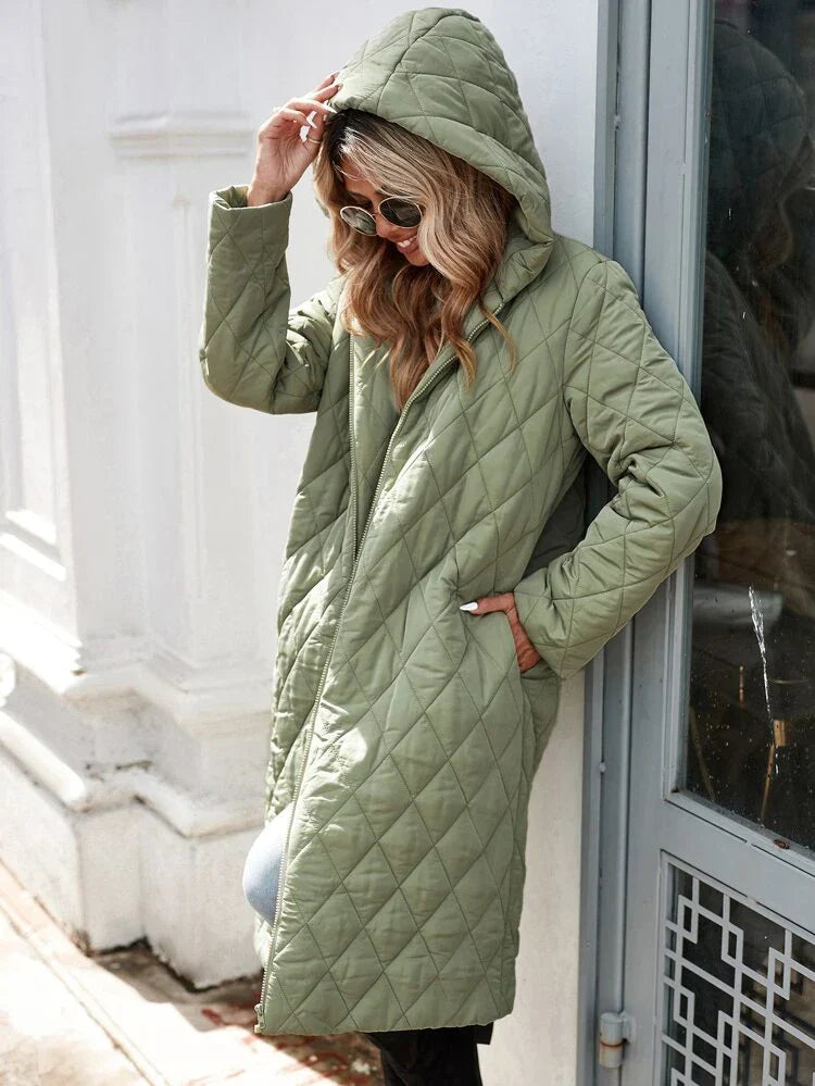 Damen - Lange Daunenjacke - Gesteppten Stoff - Kapuze, warme & stylische Oberbekleidung für kalte Tage