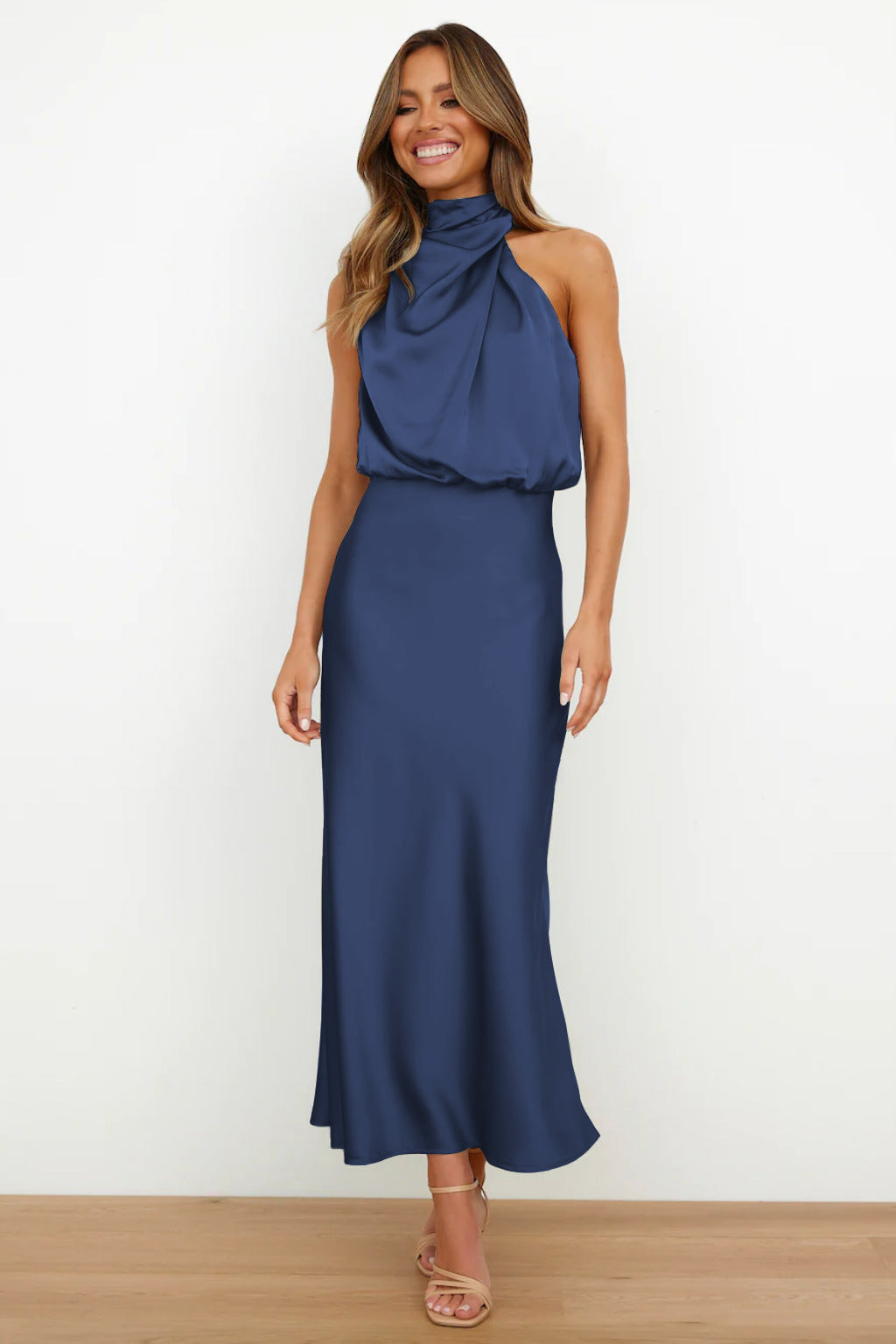 Damen - Midikleid - Satin - Neckholder Rückenfrei - Elegantes Kleid für besondere Anlässe