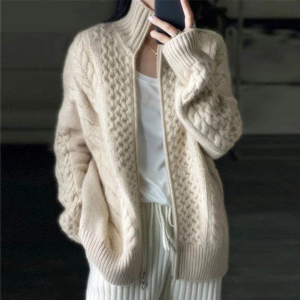 Damen - Kuschelige Strickjacke - Weiche Stoff - Zip-Up Stil - Bequeme Strickwaren für Gemütliche Tage