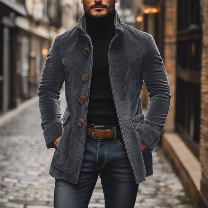 Herren - Vintage Kurzmantel - Cord - Stehkragen Schlanke Passform - Eleganter Look