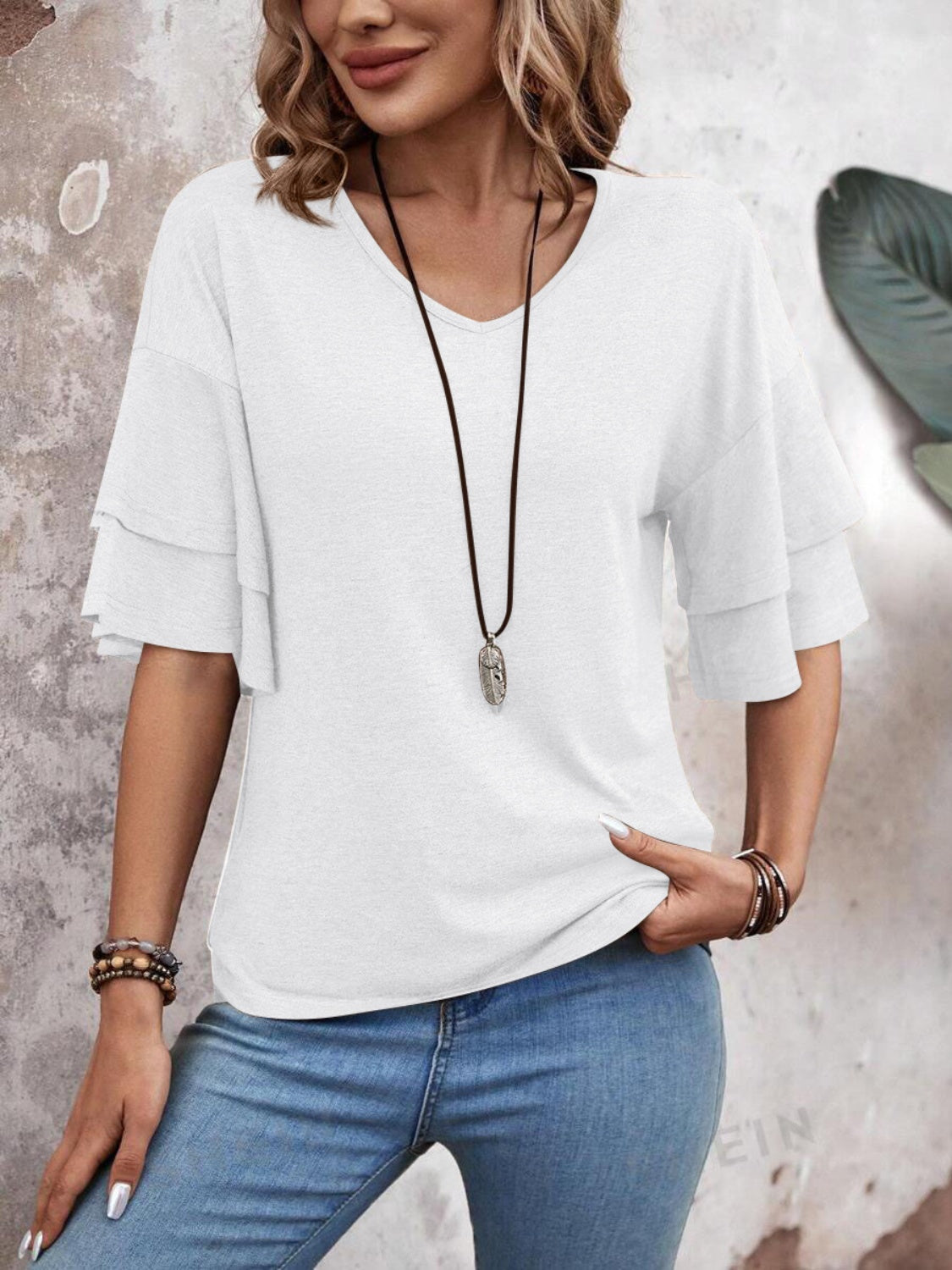Damen - Bluse - Weicher Stoff - V-Ausschnitt und halben Ärmeln für stilvolle Looks - Trendiges Top