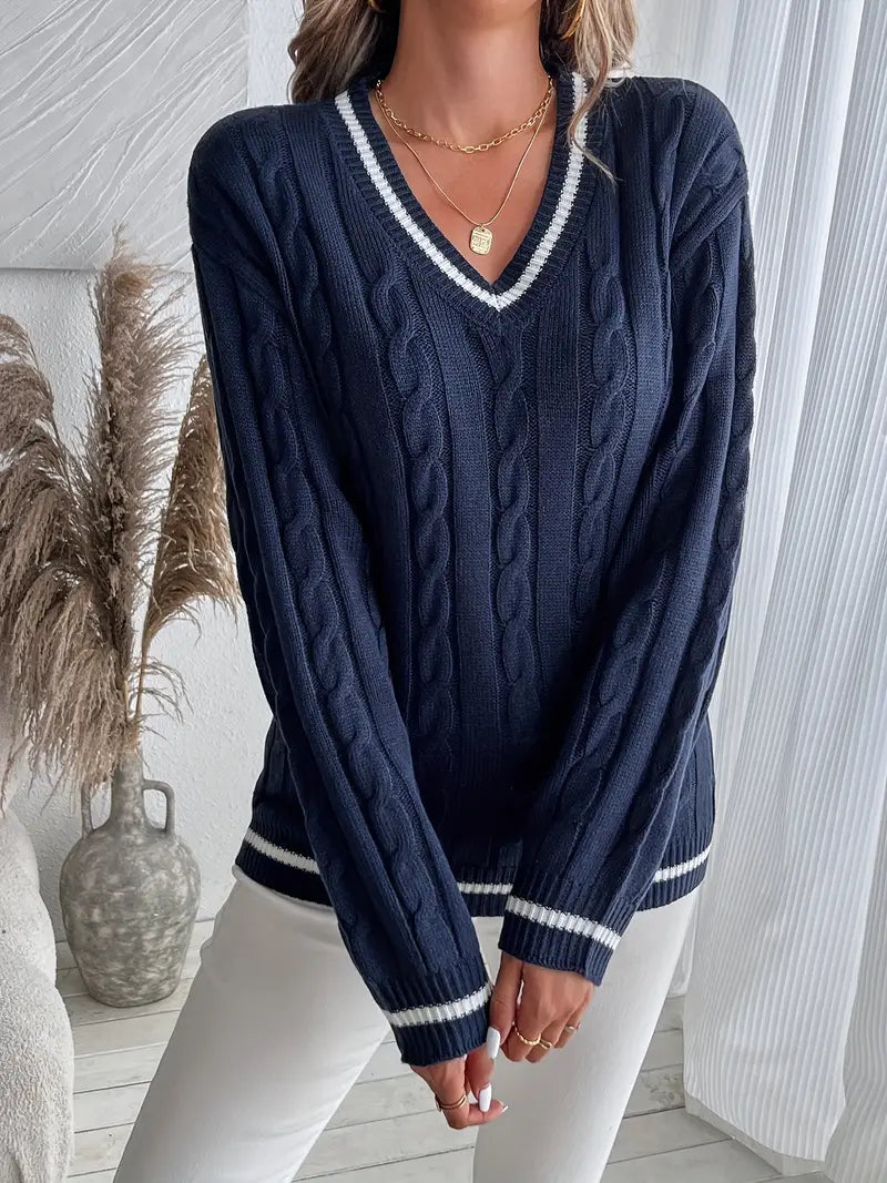 Damen - Gemütlicher Pullover - Weicher Strick - V-Ausschnitt - Perfekten Herbstlook