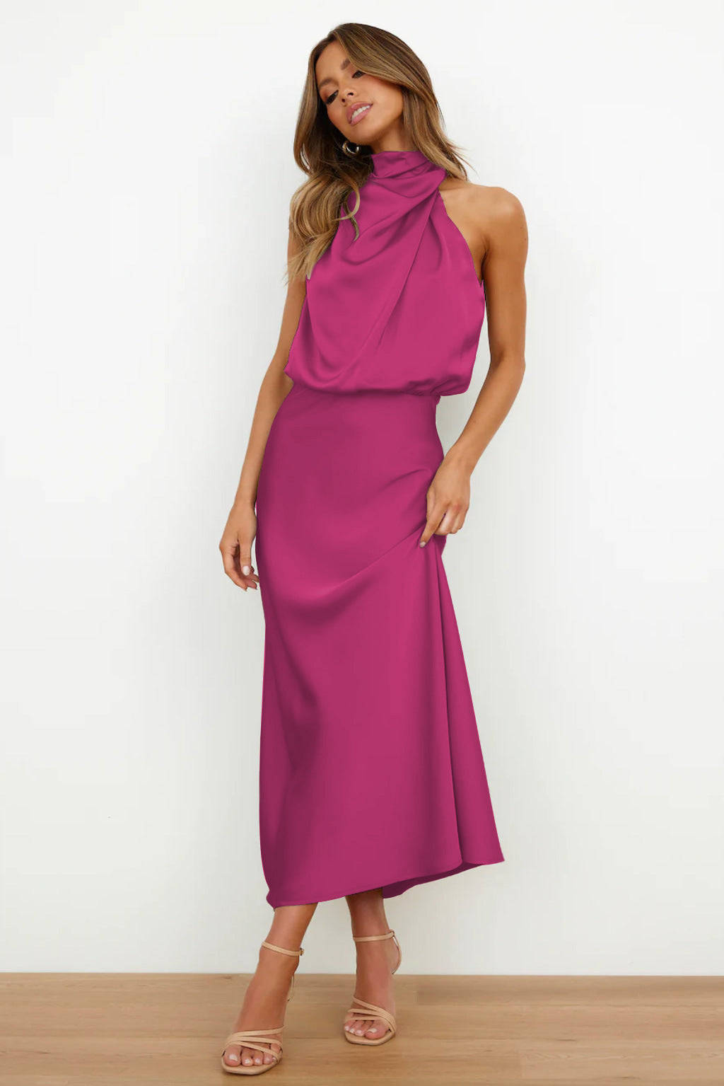 Damen - Midikleid - Satin - Neckholder Rückenfrei - Elegantes Kleid für besondere Anlässe