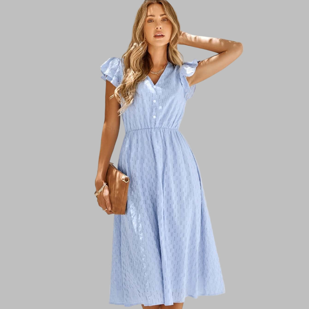Damen - Midikleid mit gerafftem V-Ausschnitt - Fließender Stil für jeden Anlass