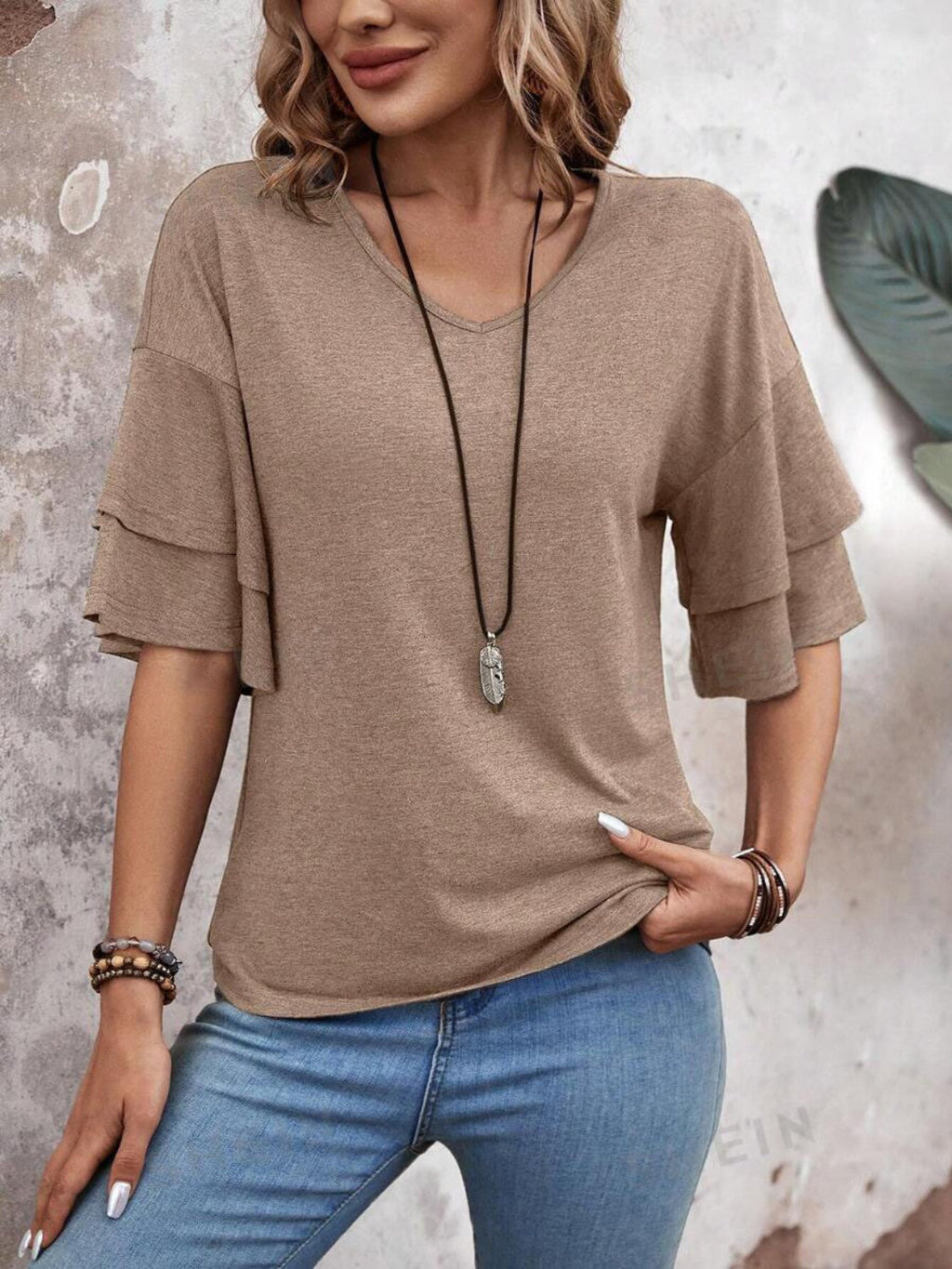 Damen - Bluse - Weicher Stoff - V-Ausschnitt und halben Ärmeln für stilvolle Looks - Trendiges Top