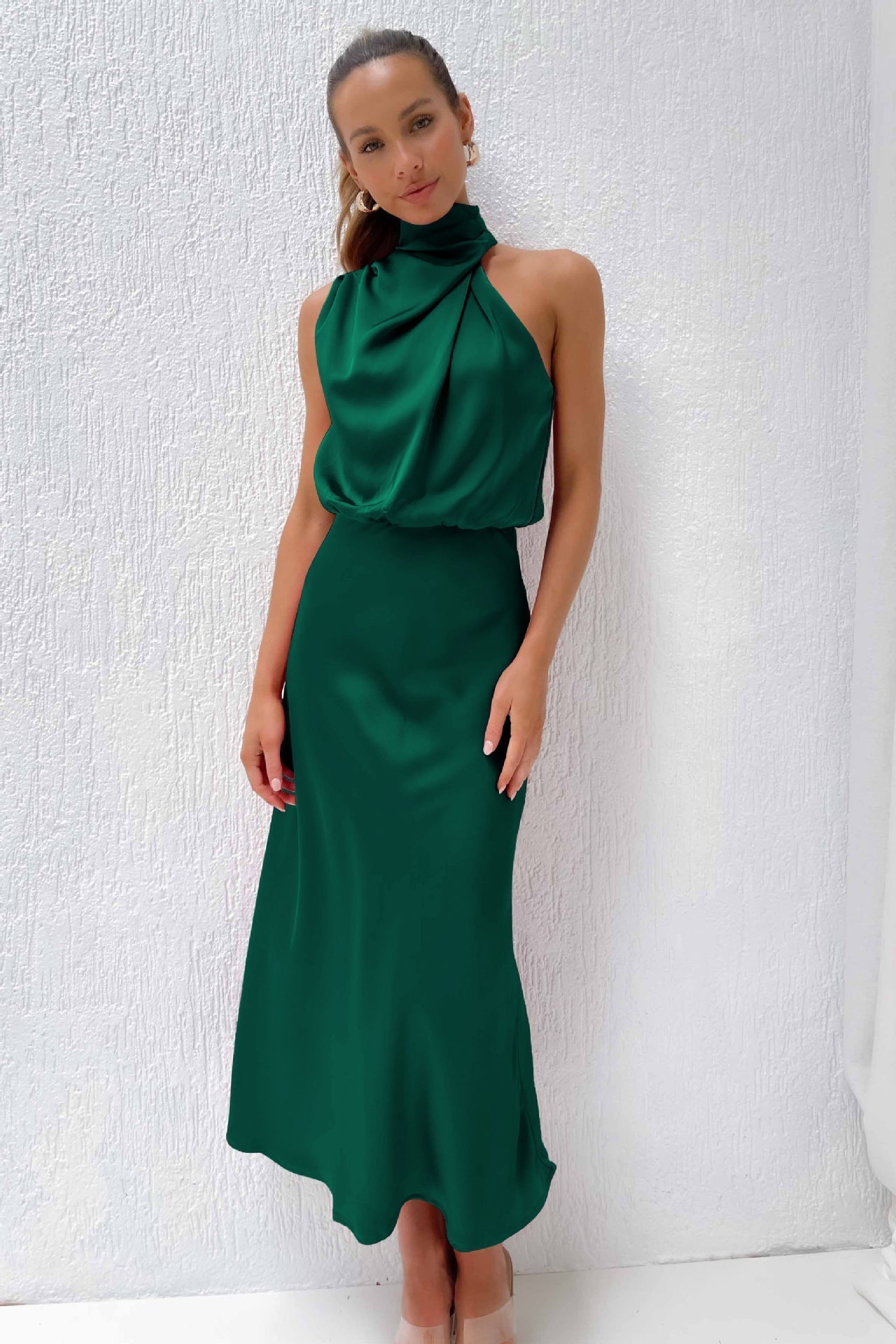 Damen - Midikleid - Satin - Neckholder Rückenfrei - Elegantes Kleid für besondere Anlässe