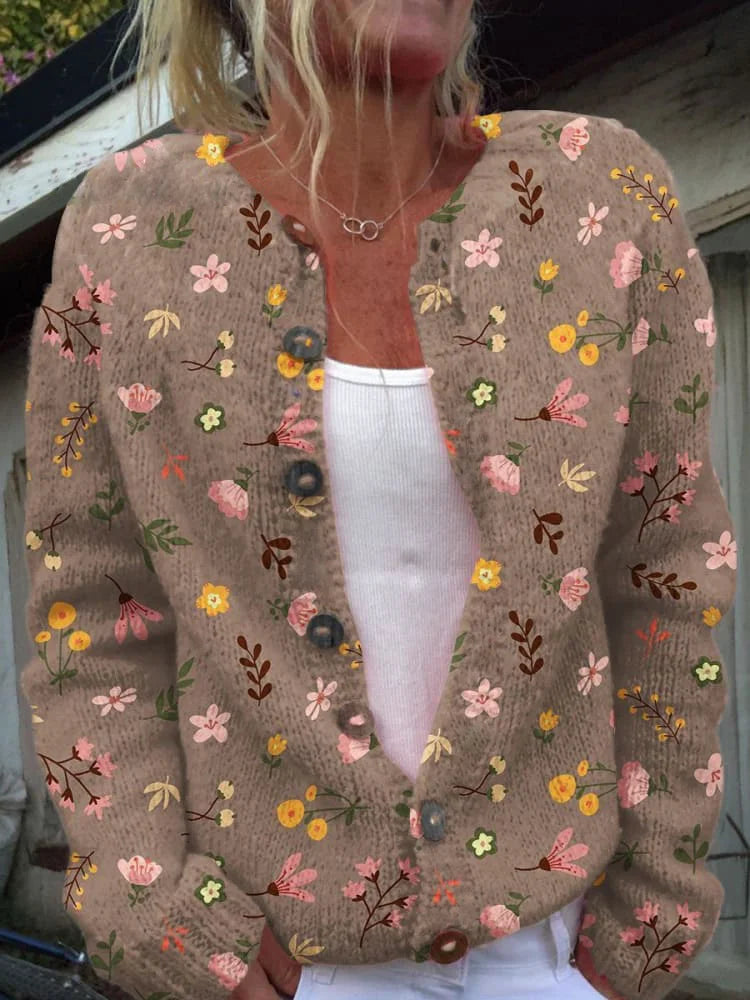 Damen - Strickjacke - Blumenmuster - gemütlicher Rundhalsausschnitt - ideal für lässige Anlässe