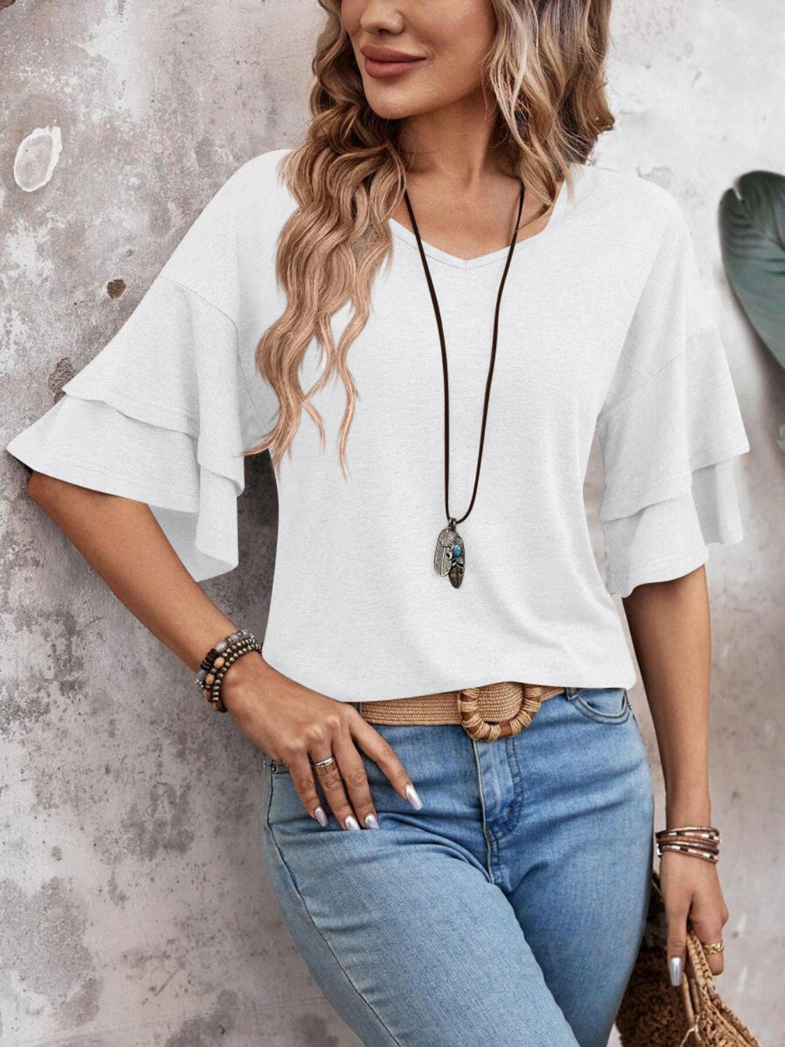 Damen - Bluse - Weicher Stoff - V-Ausschnitt und halben Ärmeln für stilvolle Looks - Trendiges Top