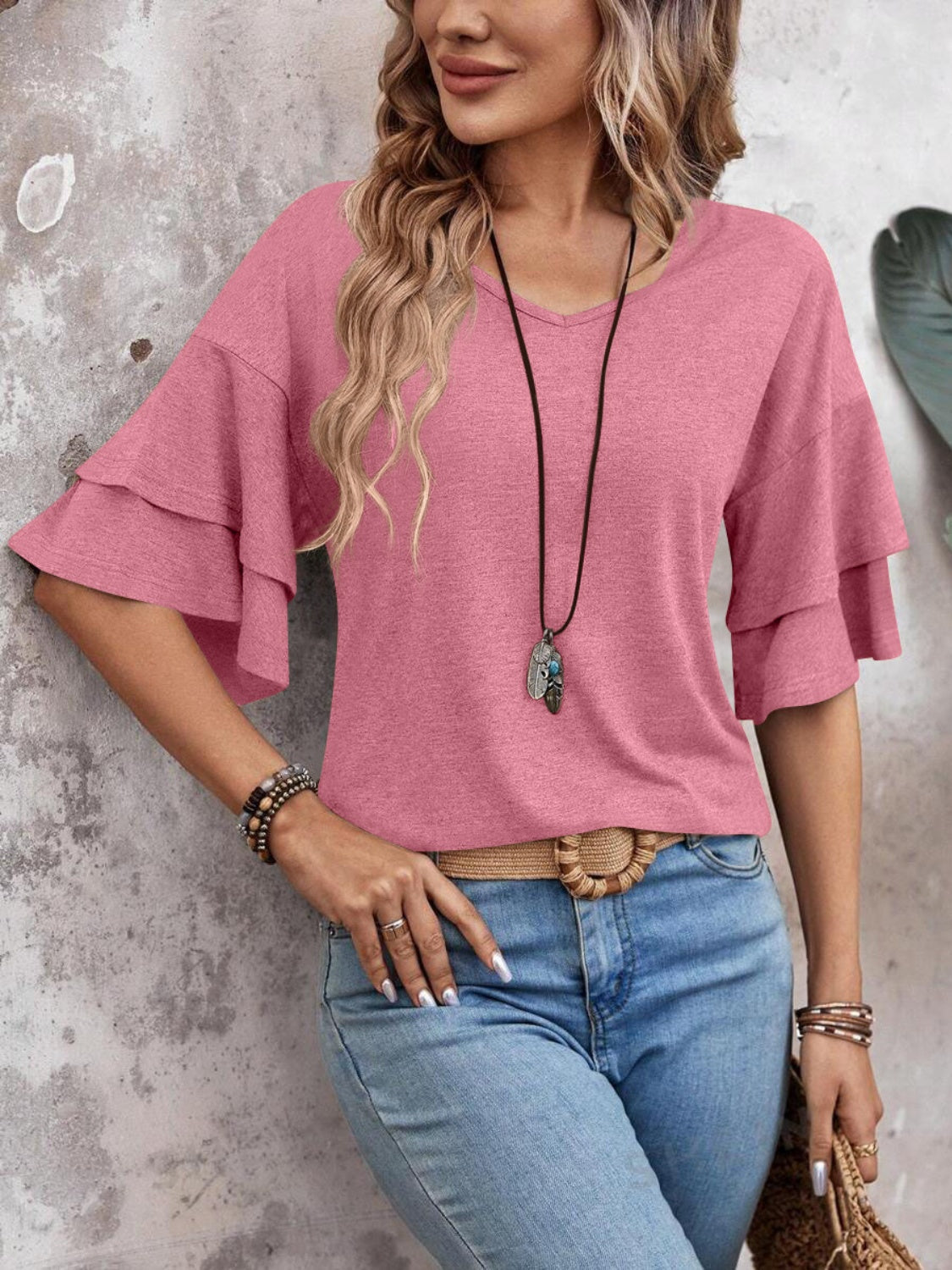 Damen - Bluse - Weicher Stoff - V-Ausschnitt und halben Ärmeln für stilvolle Looks - Trendiges Top