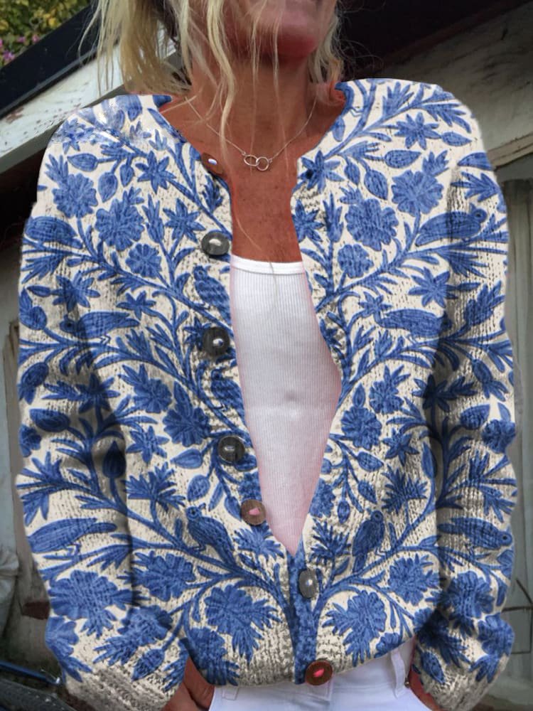 Damen - Strickjacke - Blumenmuster - gemütlicher Rundhalsausschnitt - ideal für lässige Anlässe