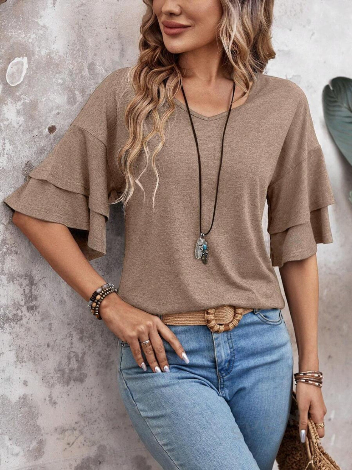 Damen - Bluse - Weicher Stoff - V-Ausschnitt und halben Ärmeln für stilvolle Looks - Trendiges Top
