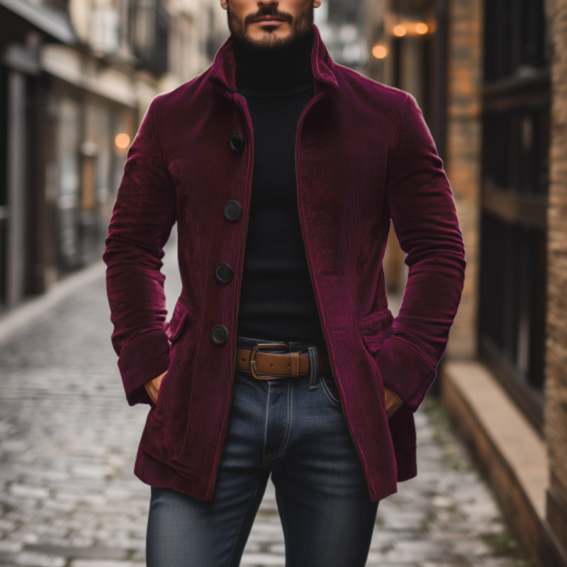 Herren - Vintage Kurzmantel - Cord - Stehkragen Schlanke Passform - Eleganter Look