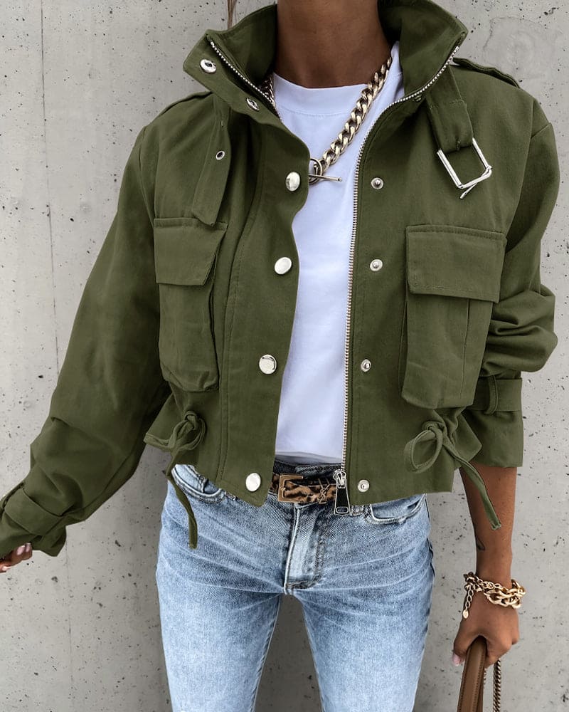Damen - Stylische Cropped Übergangsjacke - Leichtes Material - Taschen - Vielseitige Looks