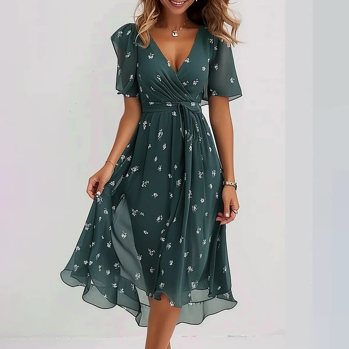 Damen - Elegantes geblümtes Midikleid - Leicht & stilvoll - Perfekt für jede Gelegenheit