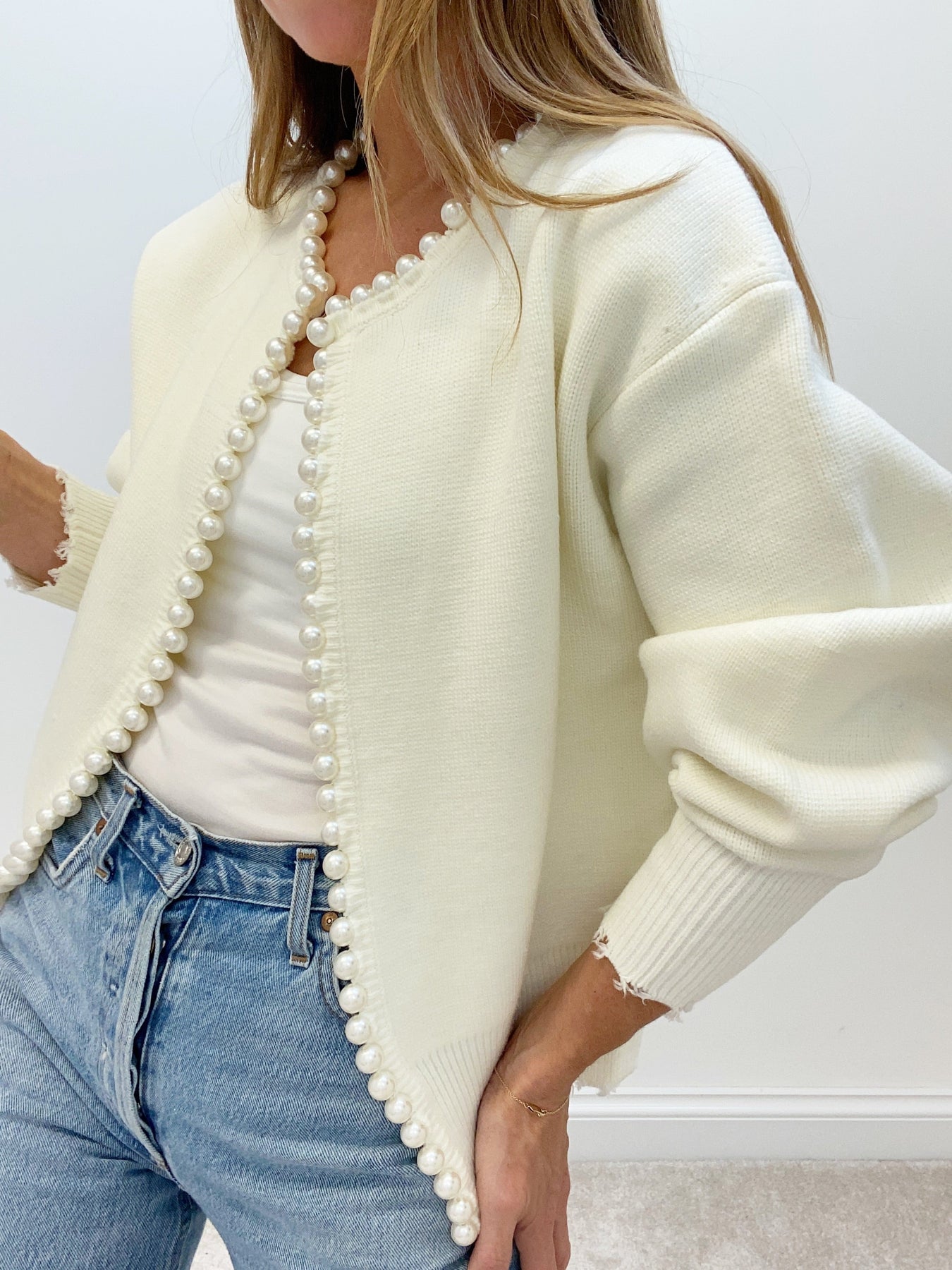 Damen - Cardigan - Perlenbesatz - Geripptem Saum - Stilvolles Layering-Essential