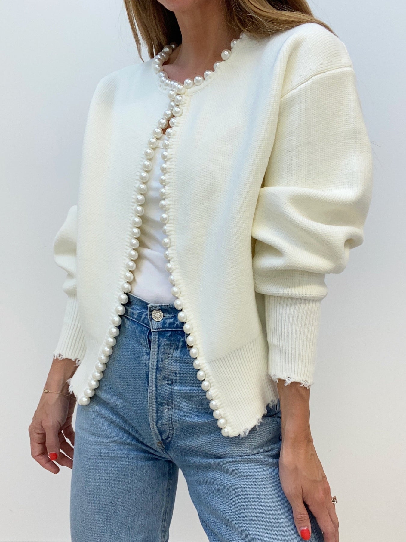 Damen - Cardigan - Perlenbesatz - Geripptem Saum - Stilvolles Layering-Essential
