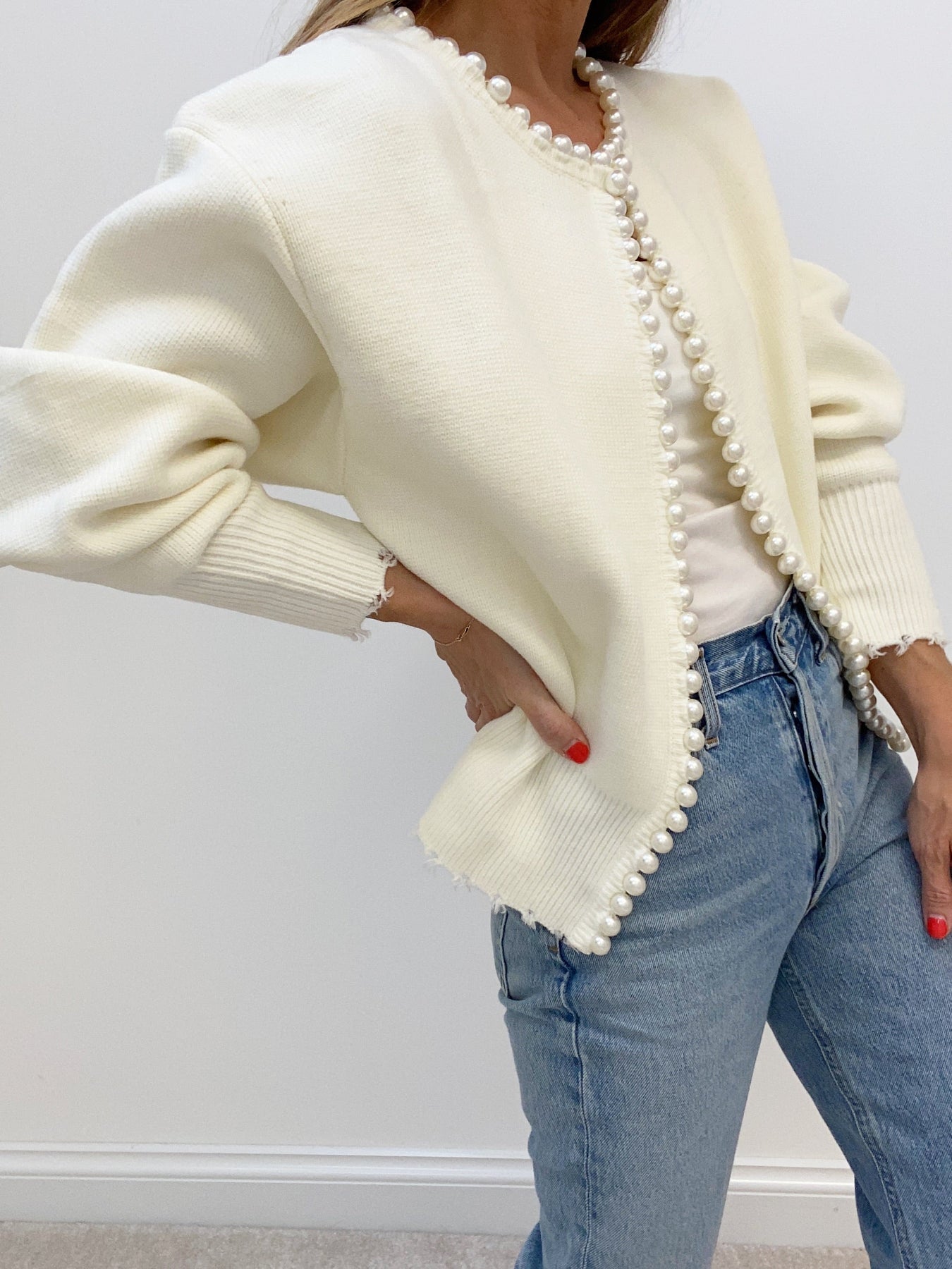 Damen - Cardigan - Perlenbesatz - Geripptem Saum - Stilvolles Layering-Essential