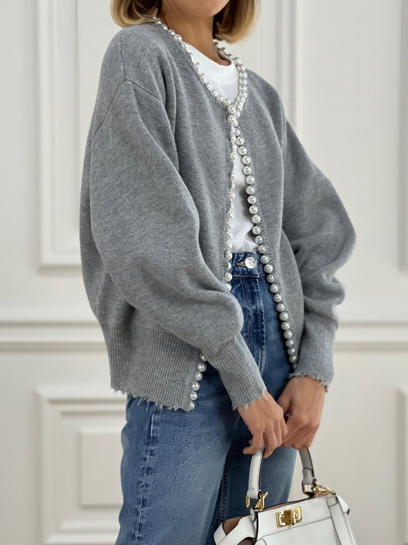 Damen - Cardigan - Perlenbesatz - Geripptem Saum - Stilvolles Layering-Essential