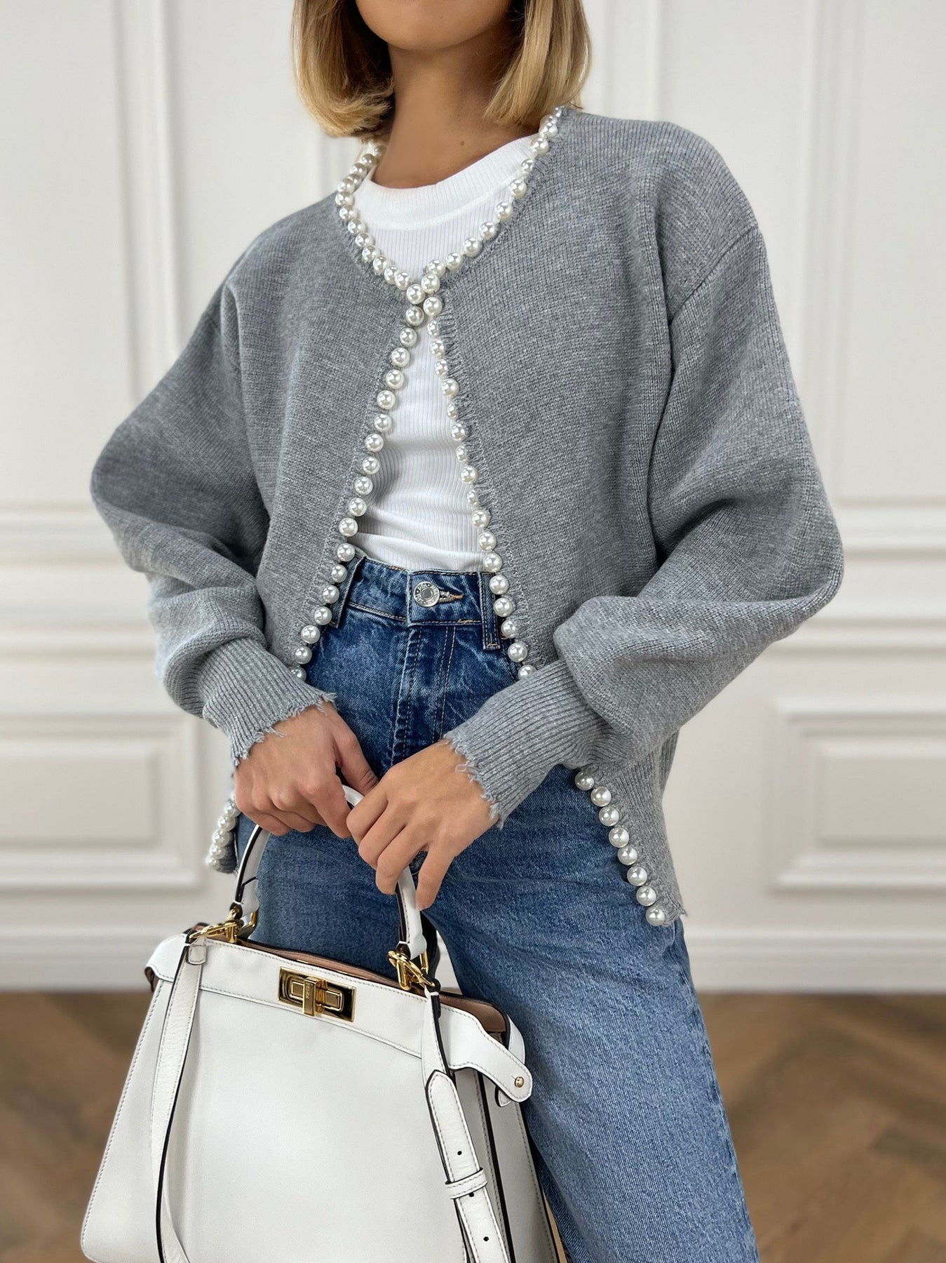 Damen - Cardigan - Perlenbesatz - Geripptem Saum - Stilvolles Layering-Essential