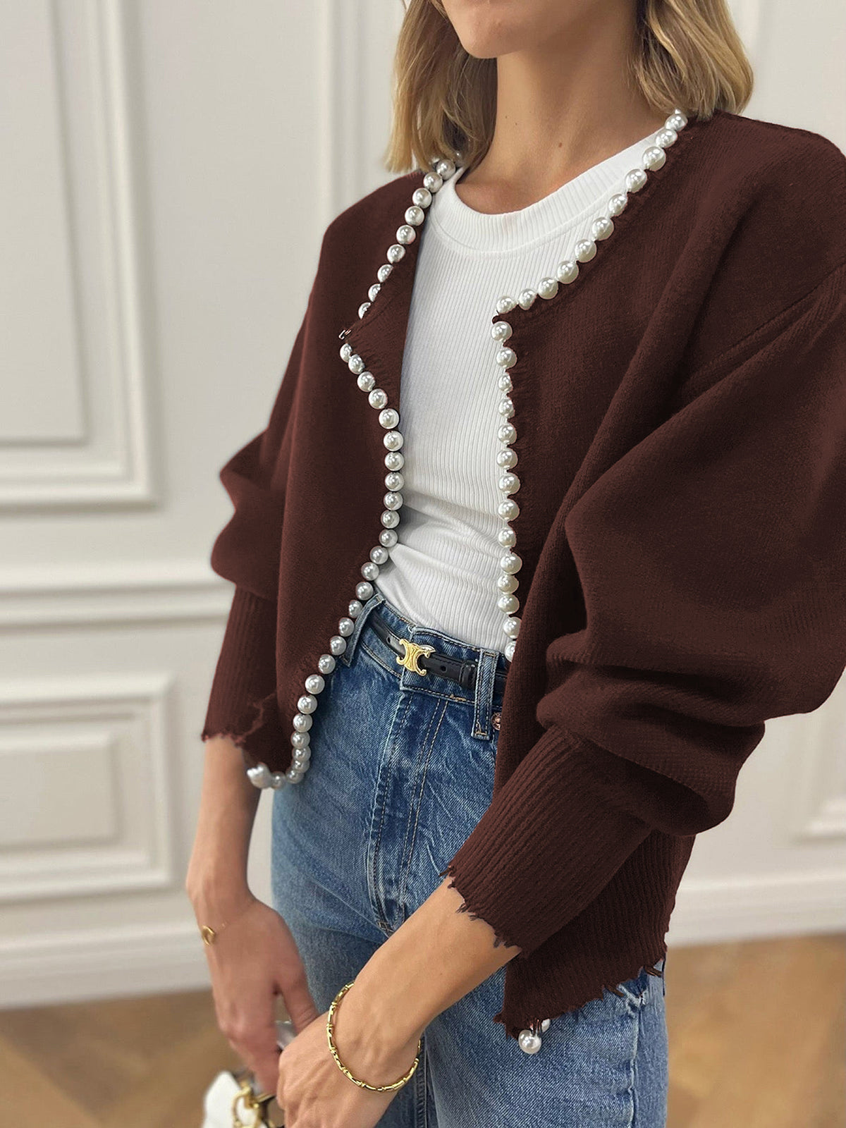 Damen - Cardigan - Perlenbesatz - Geripptem Saum - Stilvolles Layering-Essential