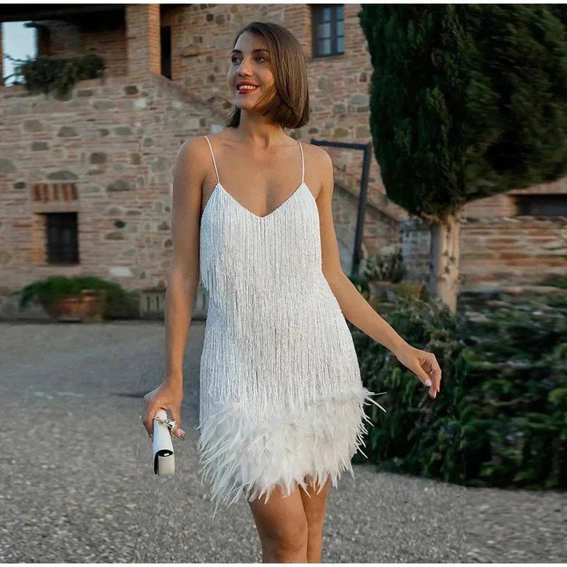 Damen - Cocktailkleid mit Federn - Pailletten - Elegantes Abendkleid für festliche Anlässe