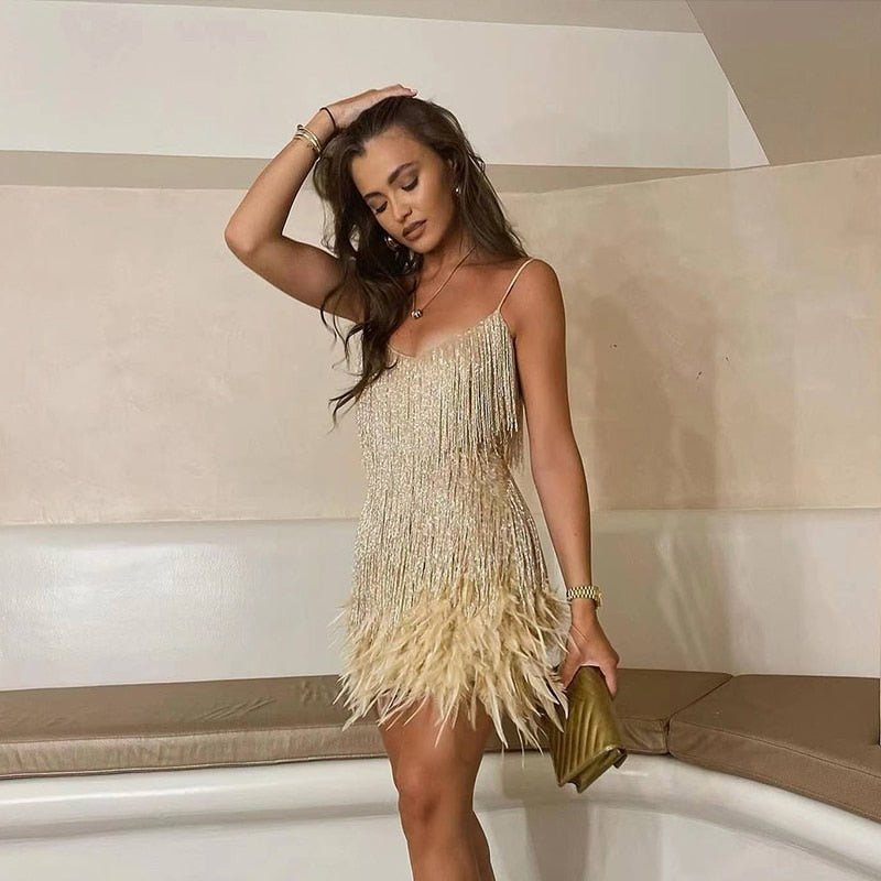 Damen - Cocktailkleid mit Federn - Pailletten - Elegantes Abendkleid für festliche Anlässe