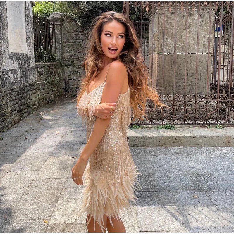 Damen - Cocktailkleid mit Federn - Pailletten - Elegantes Abendkleid für festliche Anlässe