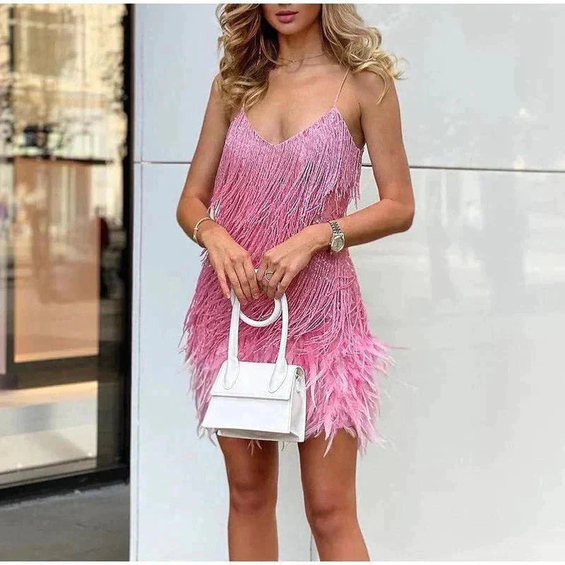 Damen - Cocktailkleid mit Federn - Pailletten - Elegantes Abendkleid für festliche Anlässe