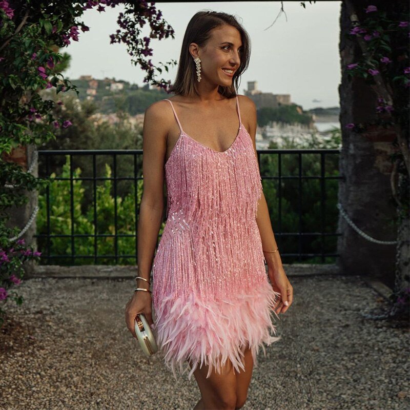 Damen - Cocktailkleid mit Federn - Pailletten - Elegantes Abendkleid für festliche Anlässe