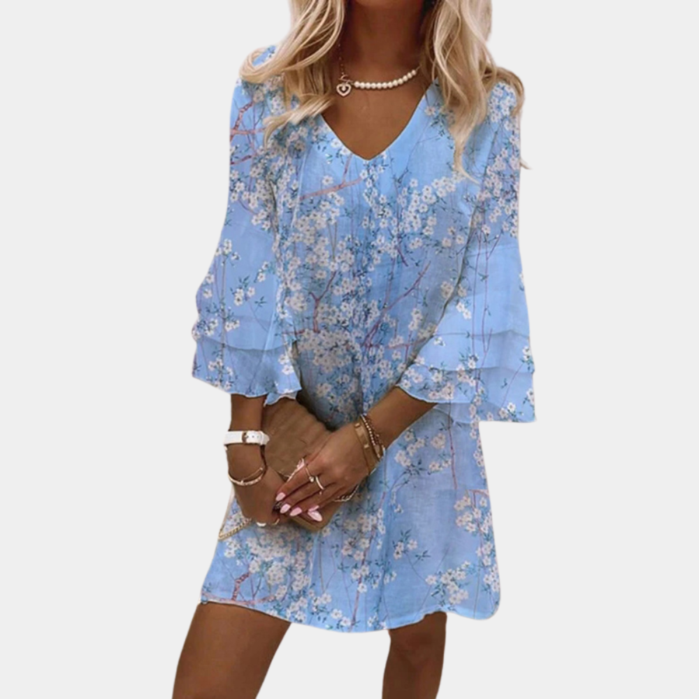 Damen - Kleid mit V-Ausschnitt - Gerafften Ärmeln - Eleganter Look für jeden Anlass