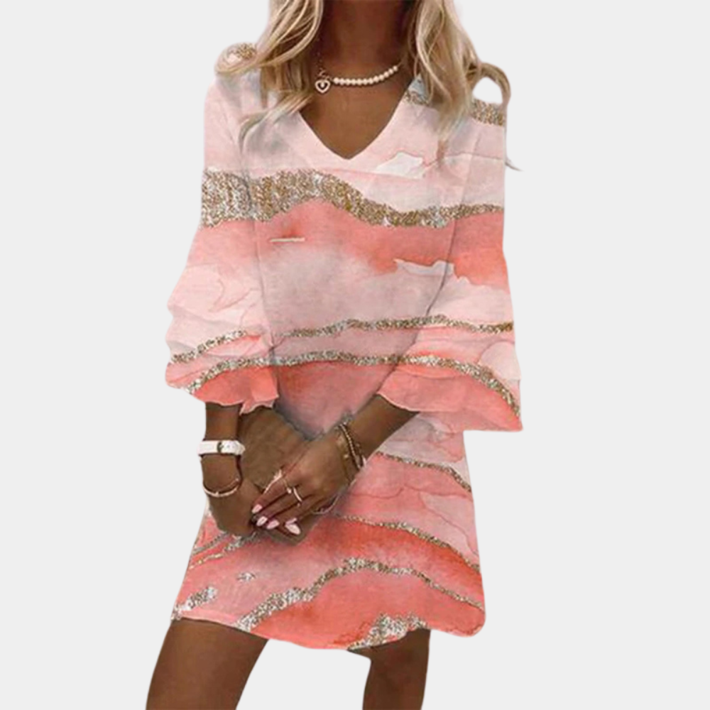 Damen - Kleid mit V-Ausschnitt - Gerafften Ärmeln - Eleganter Look für jeden Anlass