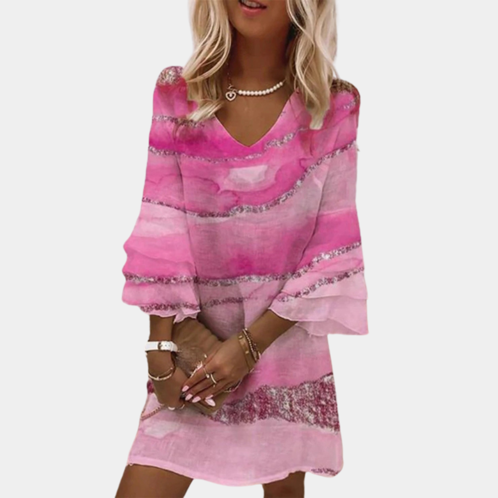 Damen - Kleid mit V-Ausschnitt - Gerafften Ärmeln - Eleganter Look für jeden Anlass