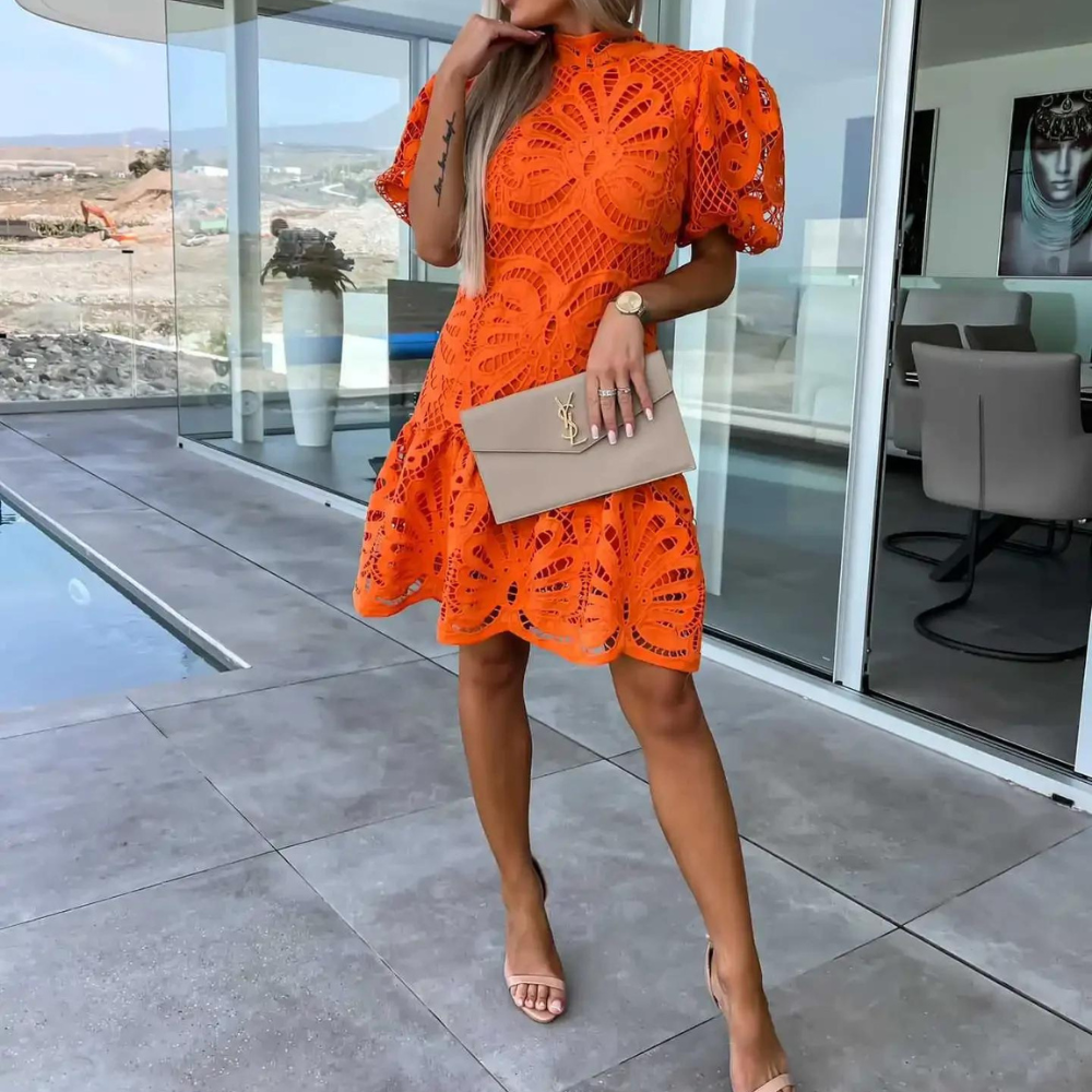 Damen - A-Linie Kleid - Puffärmeln - Baumwollmischung - Eleganter Stil für besondere Anlässe