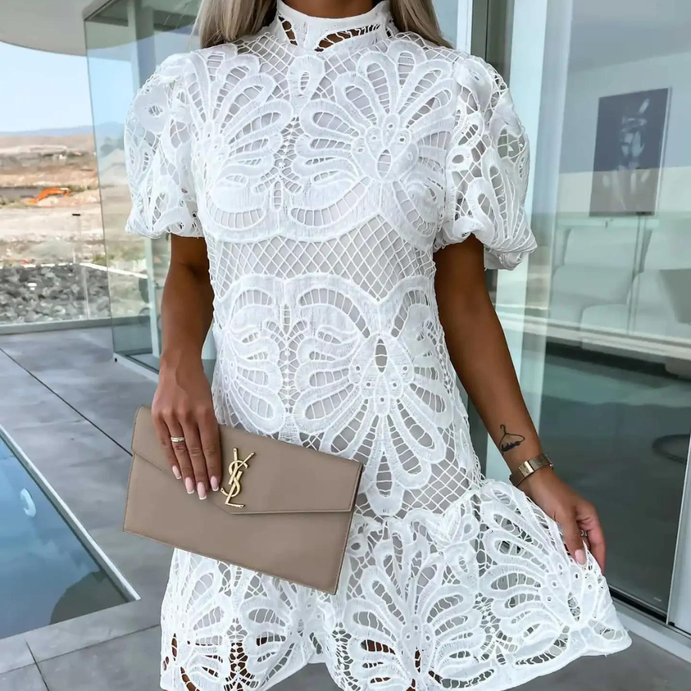 Damen - A-Linie Kleid - Puffärmeln - Baumwollmischung - Eleganter Stil für besondere Anlässe