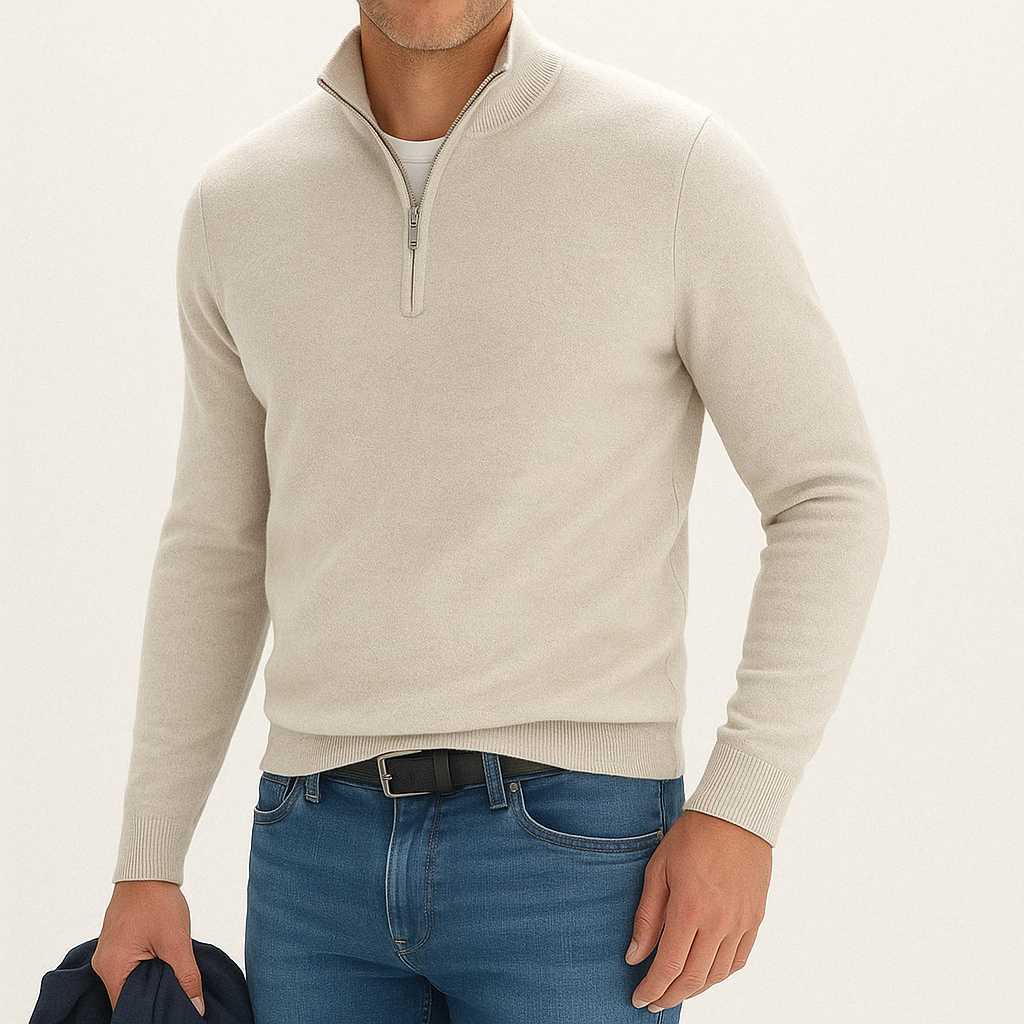 Herren - Pullover mit Viertel-Reißverschluss - Kaschmirmischung - Bequemer Strick, lässige Passform für den Alltag