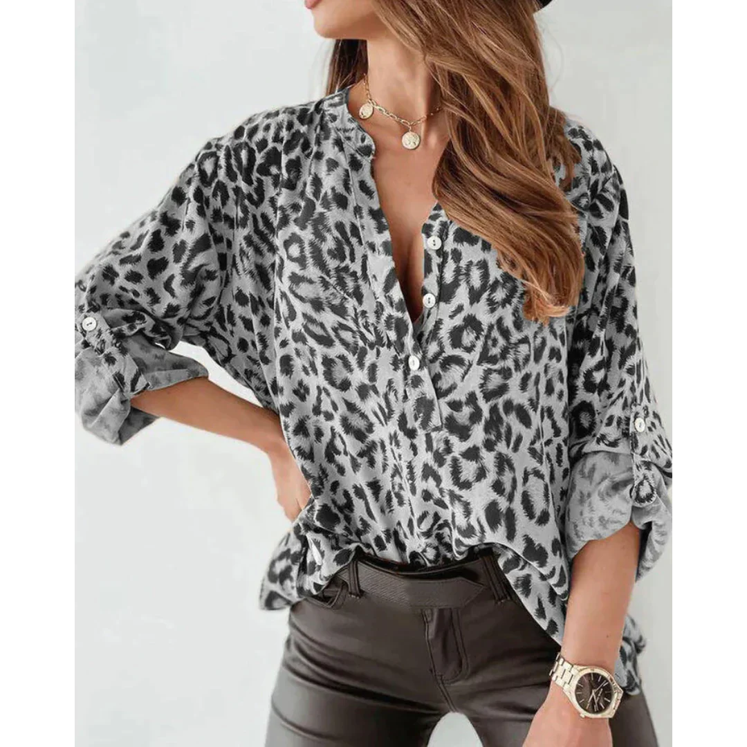 Damen - Leopardenmuster Bluse - Knopfleiste und langen Ärmeln - Stilvolles und trendiges Oberteil