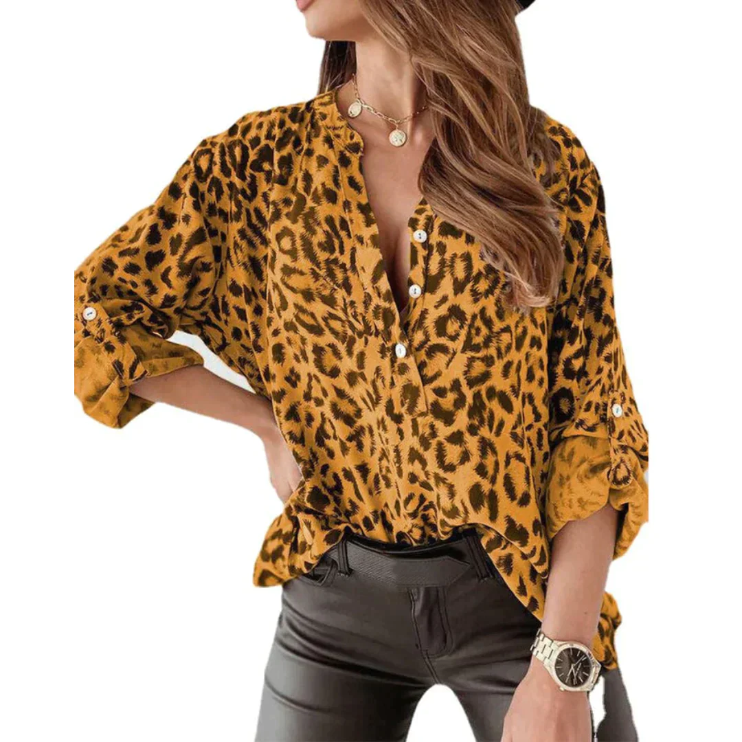 Damen - Leopardenmuster Bluse - Knopfleiste und langen Ärmeln - Stilvolles und trendiges Oberteil