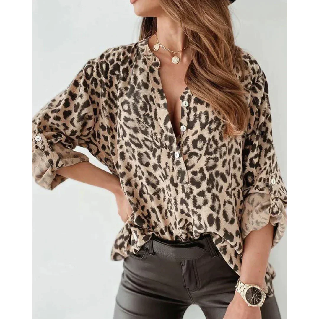 Damen - Leopardenmuster Bluse - Knopfleiste und langen Ärmeln - Stilvolles und trendiges Oberteil