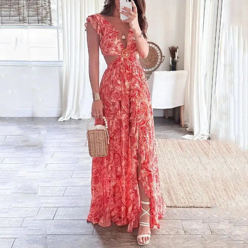 Damen - Elegantes geblümtes Maxikleid - Leichtem Material - Perfekt für den Sommer