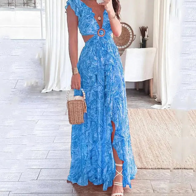 Damen - Elegantes geblümtes Maxikleid - Leichtem Material - Perfekt für den Sommer