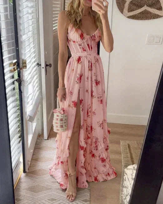 Damen - Elegantes geblümtes Maxikleid - Leichtem Stoff - Perfekt für den Sommer