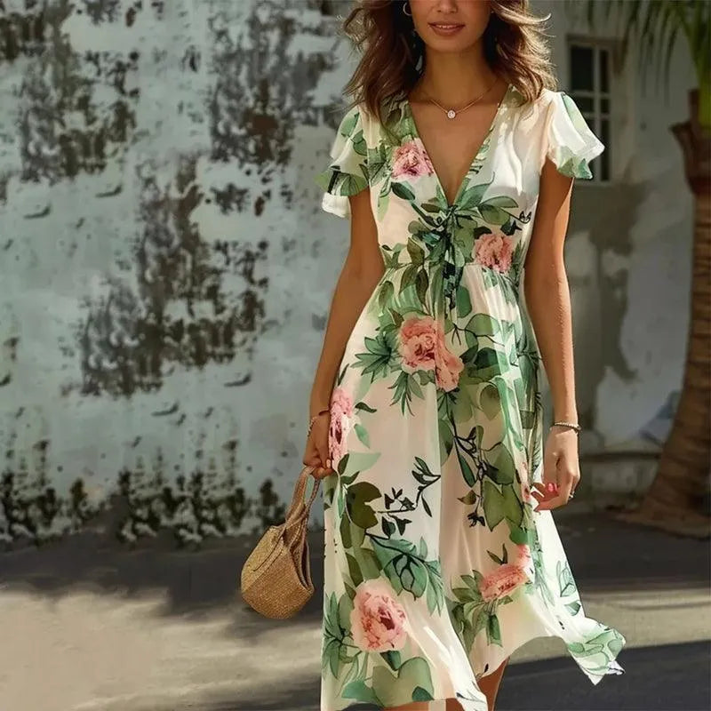 Damen - Sommerkleid mit Blumenmuster - Atmungsaktiver Stoff - Perfektes Sommeroutfit