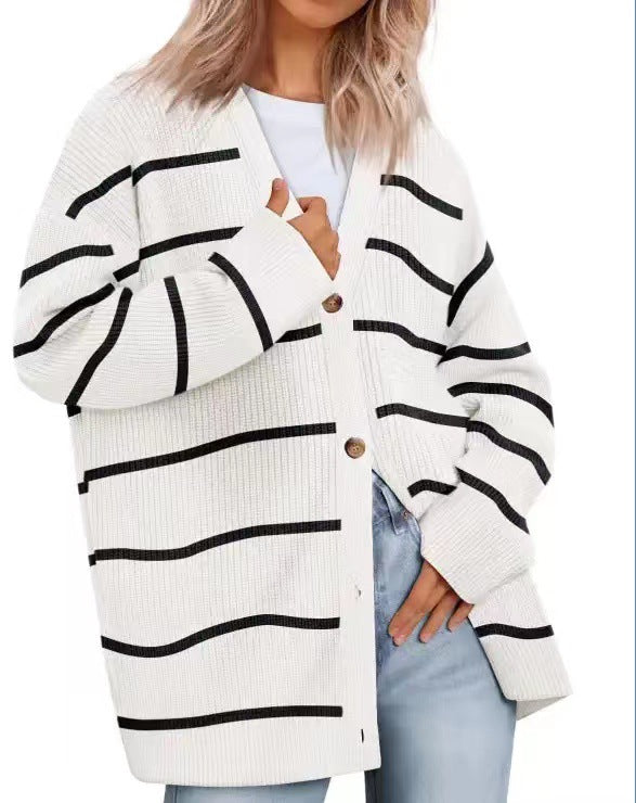 Damen - Strickjacke - Gestreiftes Strickdesign - Übergroße - Lässige Schicht für den täglichen Komfort