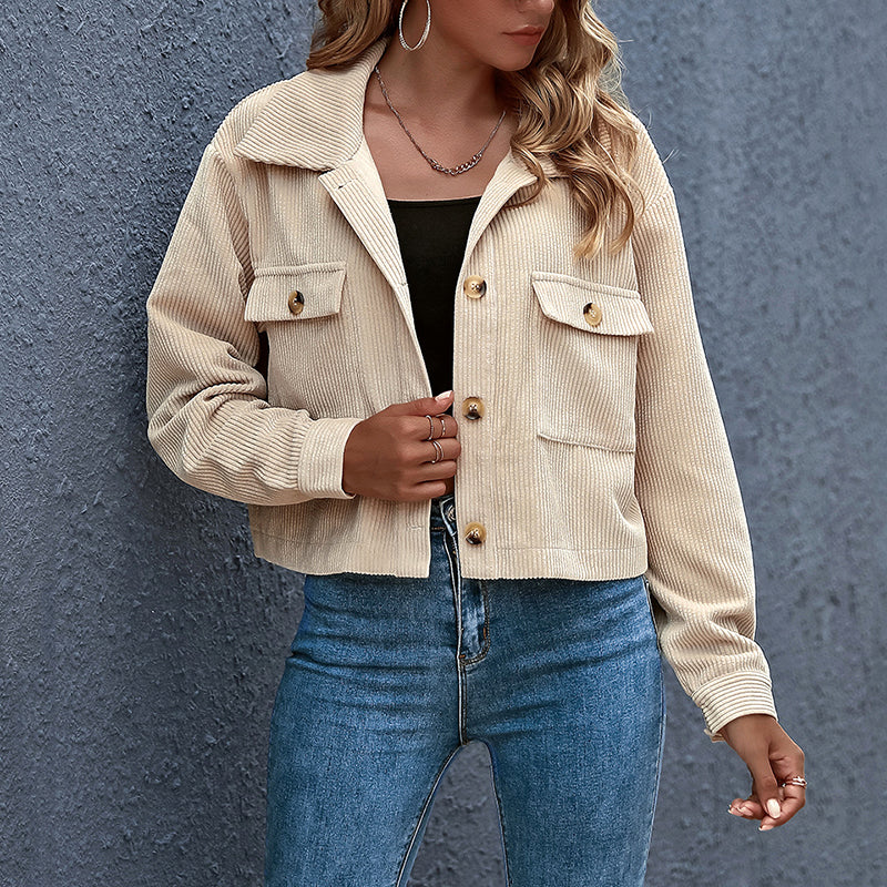Damen - Lässige Übergangsjacke - Cordmaterial - Knopfverschluss - Leicht & Stylisch für jeden Anlass