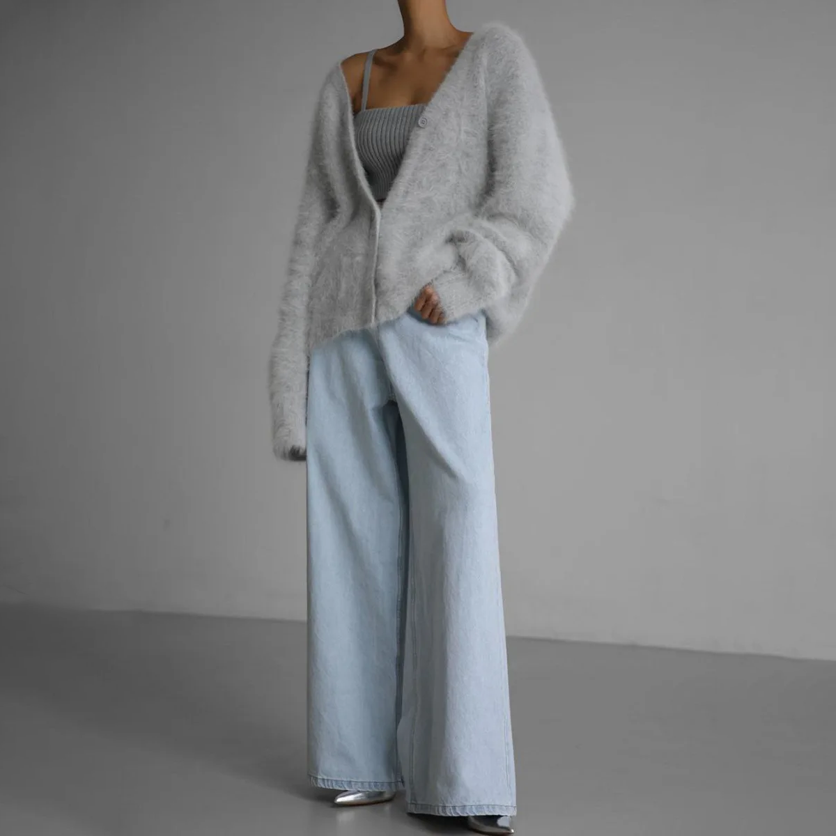 Damen - Übergroße Strickjacke - Weiches Mohair - Knopfverschluss - Gemütlicher Chic für jede Gelegenheit