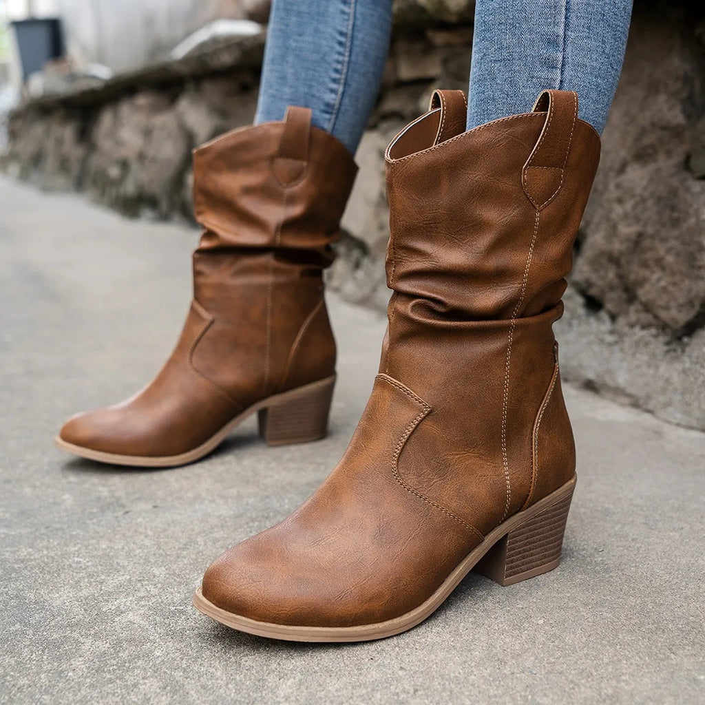 Damen - Mittelhohe Slouch Boots - Stylisches Western-Design - Bequeme Passform für jeden Anlass