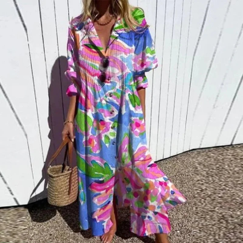 Damen - Boho Maxikleid - V-Ausschnitt - Stilvoll & Fließend - Ideal für Sommer-Events